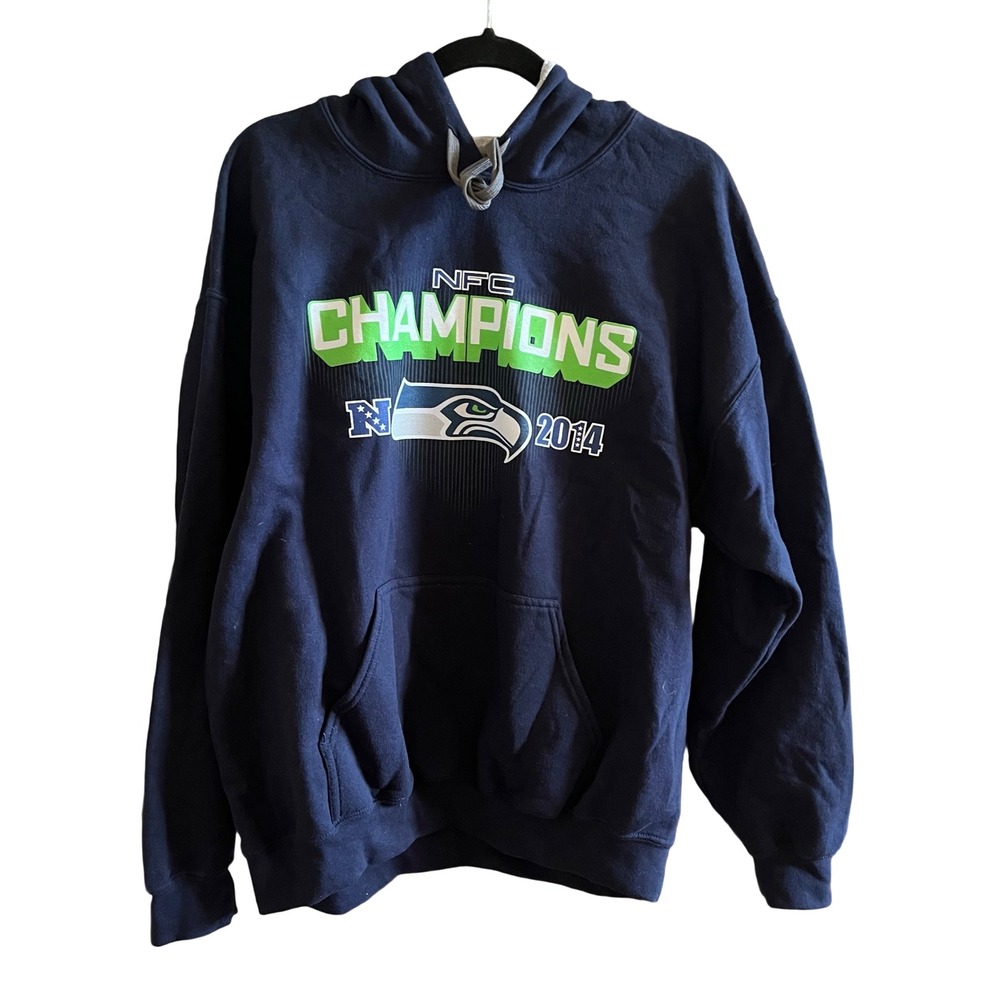 Gildan Hoodie Men Large Navy Blue 2014 Seattle Seahawks NFC Champions Football